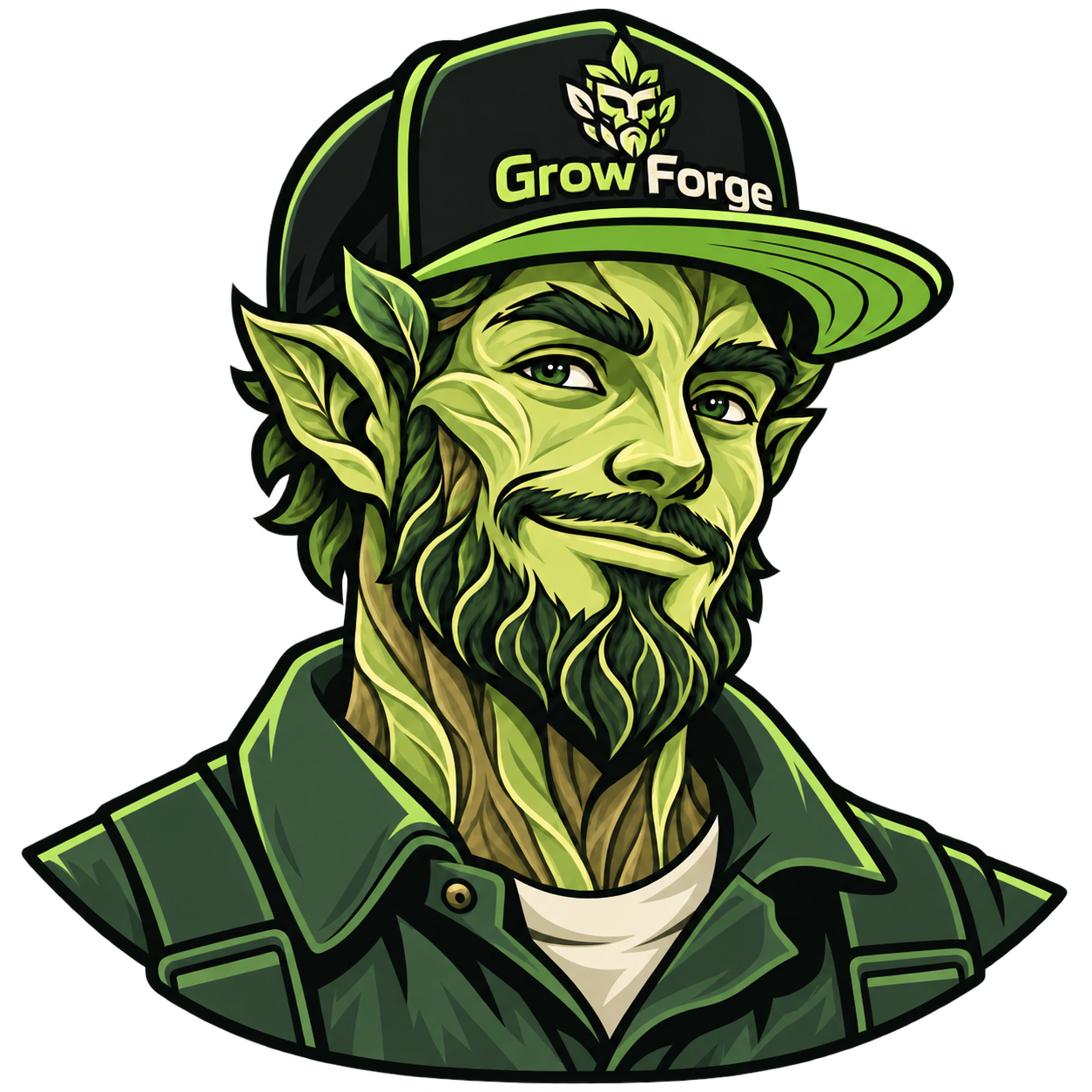GrowForge Farms plant humanoid wearing a SnapBack with a leaf humanoid emblem and Grow Forge lettering